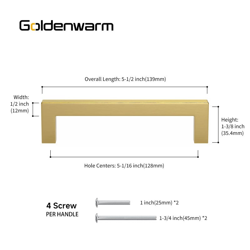 goldenwarm مقابض خزائن برونزية مصقولة من جولدن وورم - مقبض خزائن مطبخ ذهبي - LSJ12GD128 - أدوات خزائن الحمام - مقابض درج مربعة حديثة - 5" مركز ثقب - 20 حزمة - Image 2